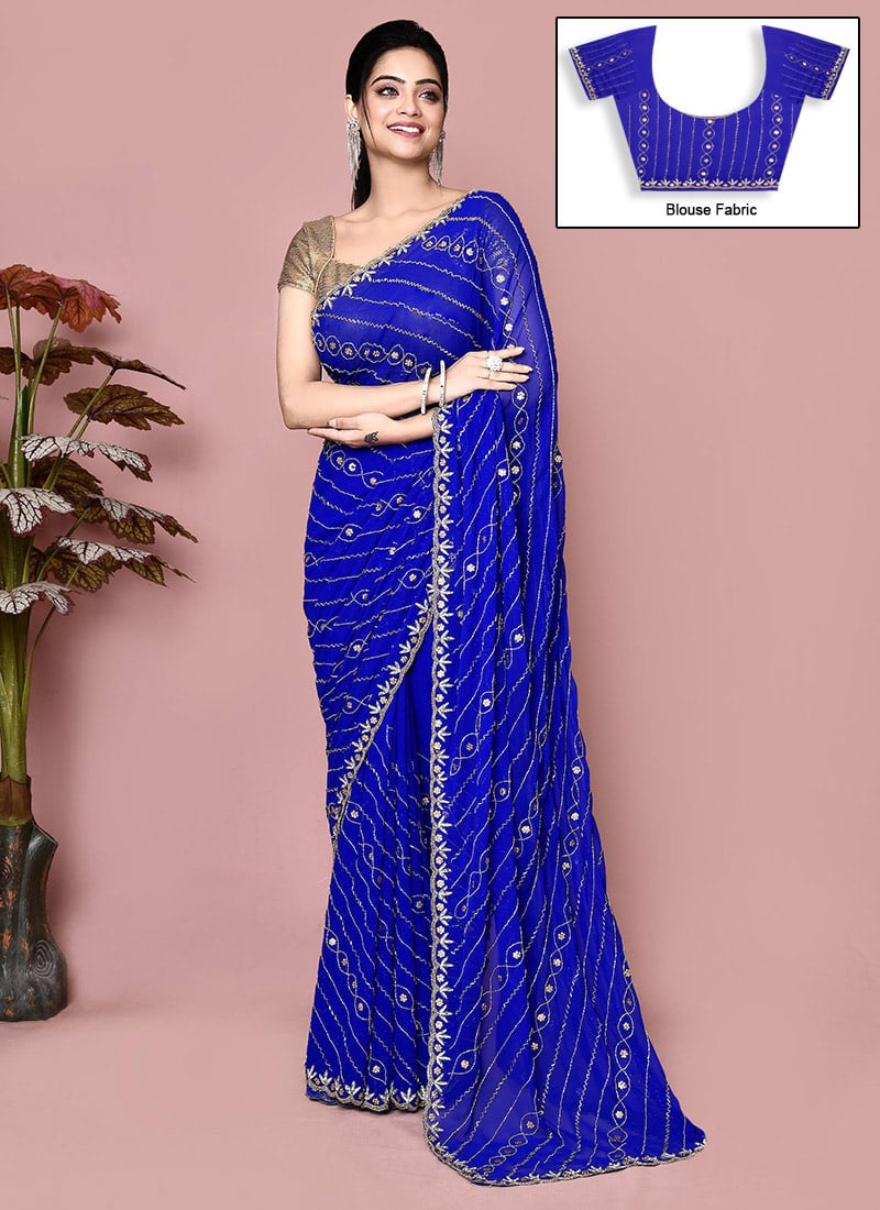 Royal Blue Georgette Hand Embroidered Saree