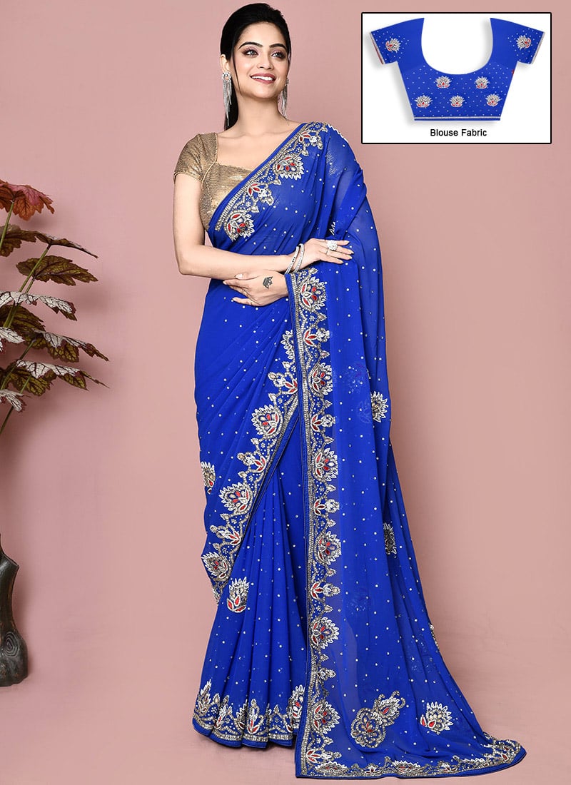 Royal Blue Georgette Hand Embroidered Saree