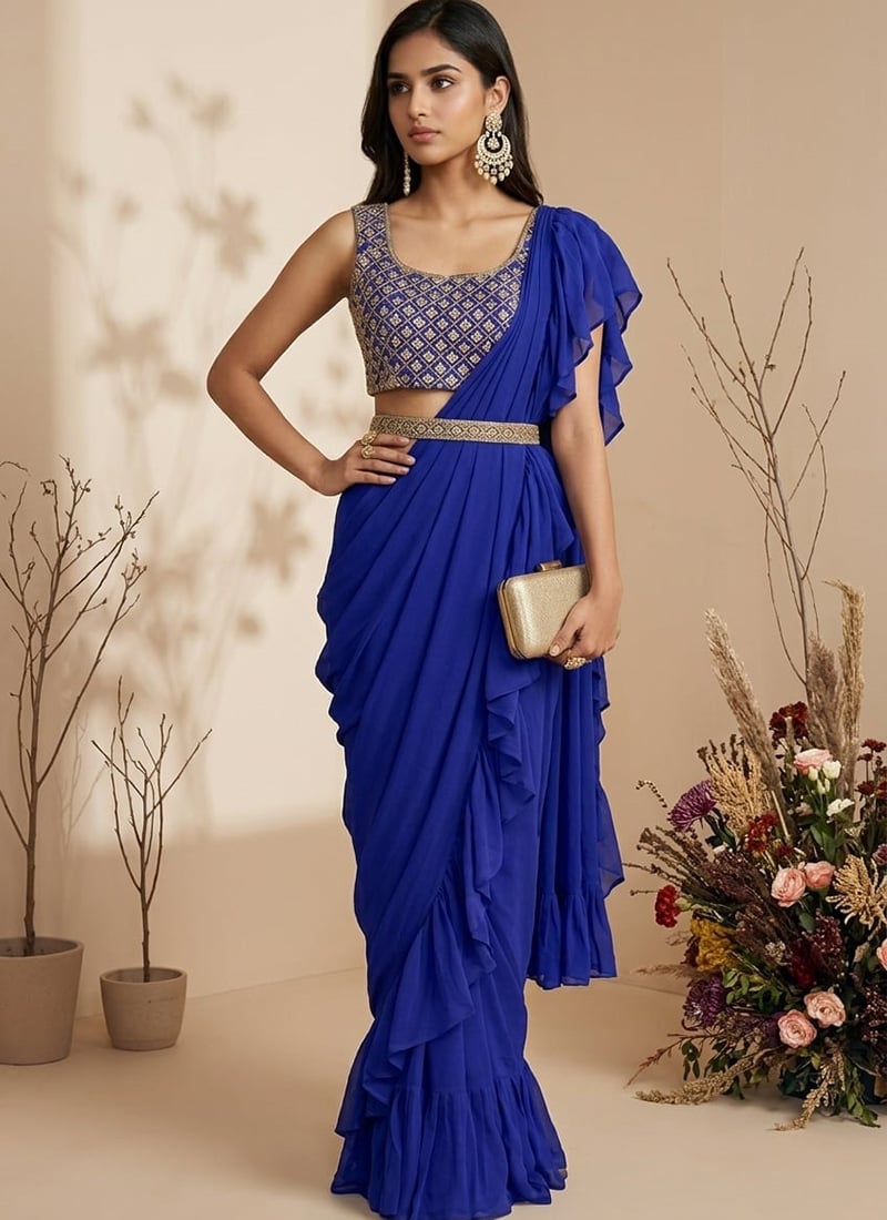 Royal Blue Georgette Hand Embroidered Sequins Pre Draped Saree Wedding Wear