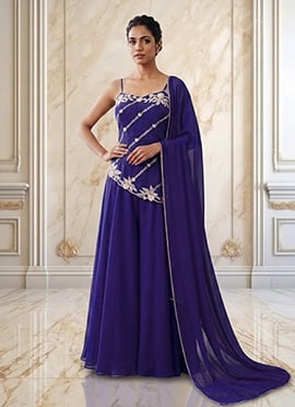 Royal Blue Georgette Hand Embroiodered With Beads Work Palazzo Suit