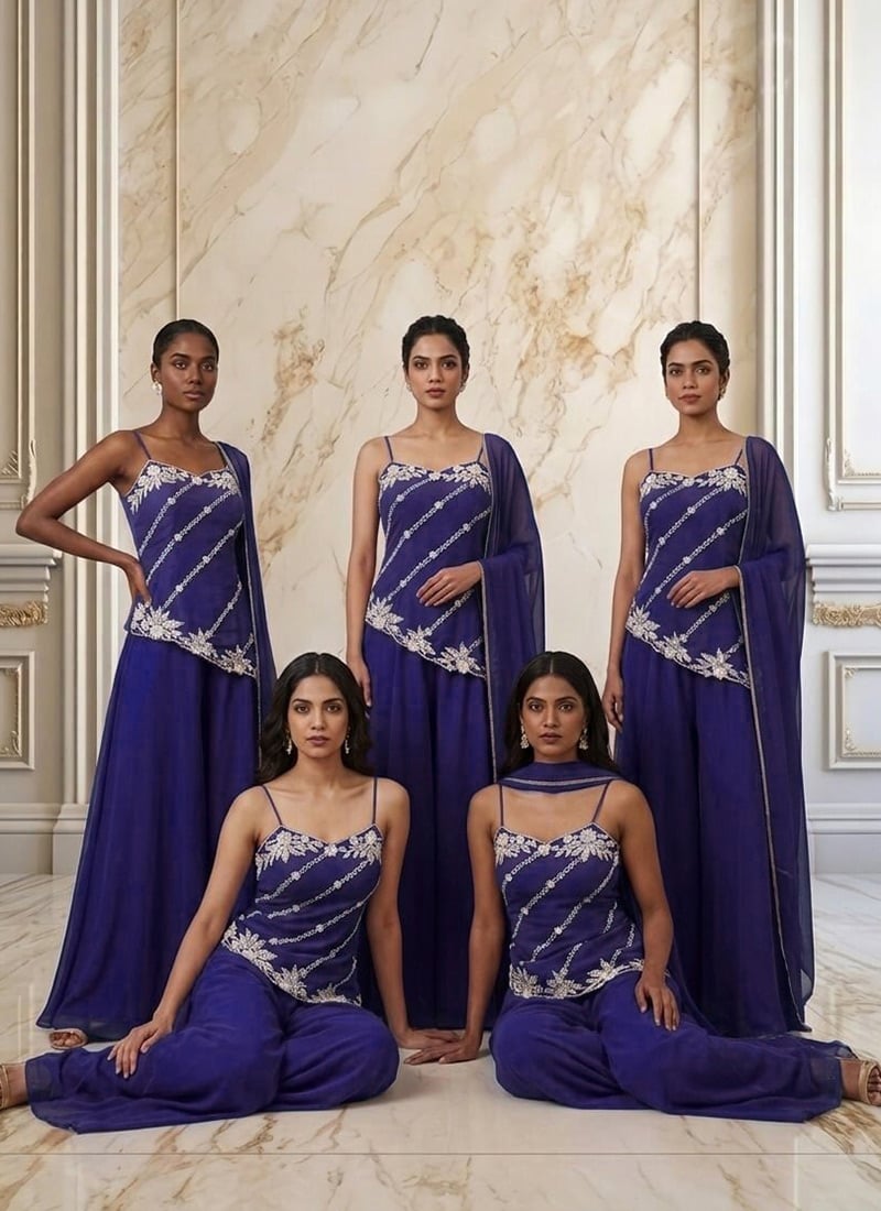Royal Blue Georgette Hand Embroiodered With Beads Work Palazzo Suit Wedding Wear