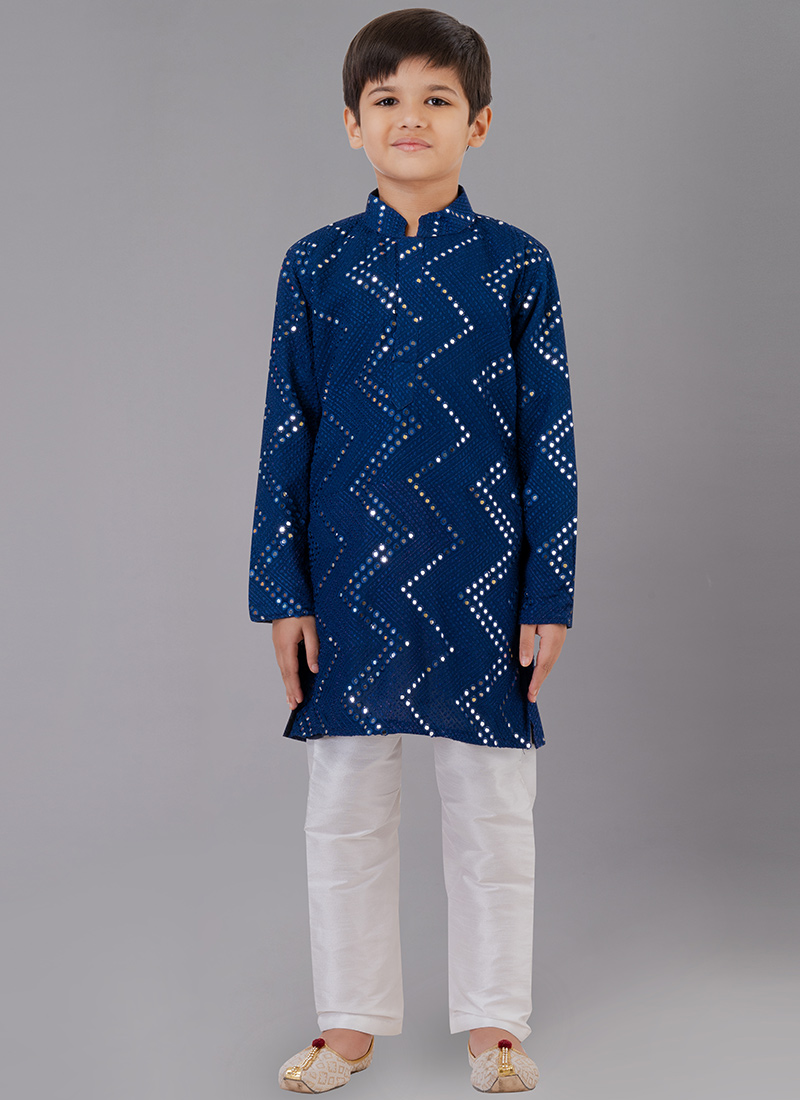 Royal Blue Georgette Mirror Embroidery Kurta Pyjama  Party Wear