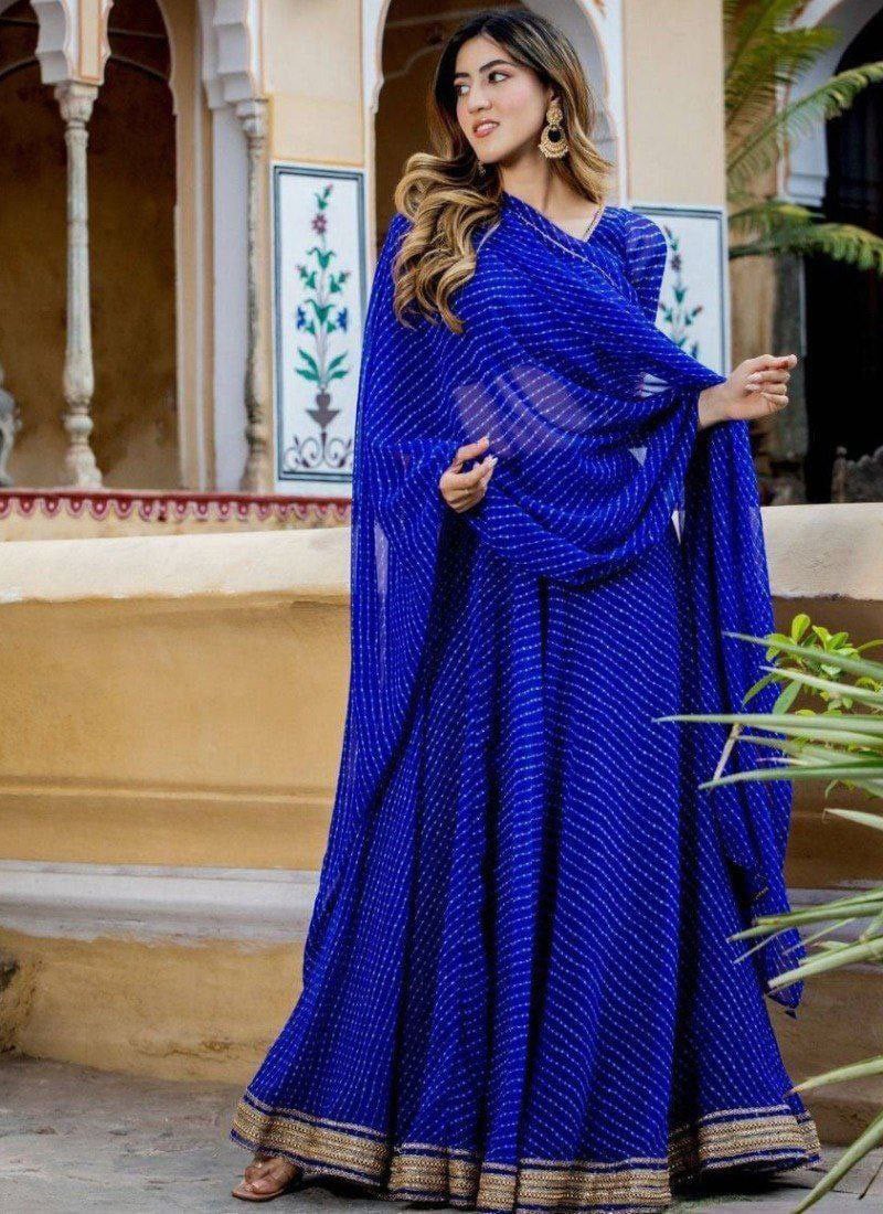 Royal Blue Georgette Printed Gota Umbrella Lehenga Festive Wear