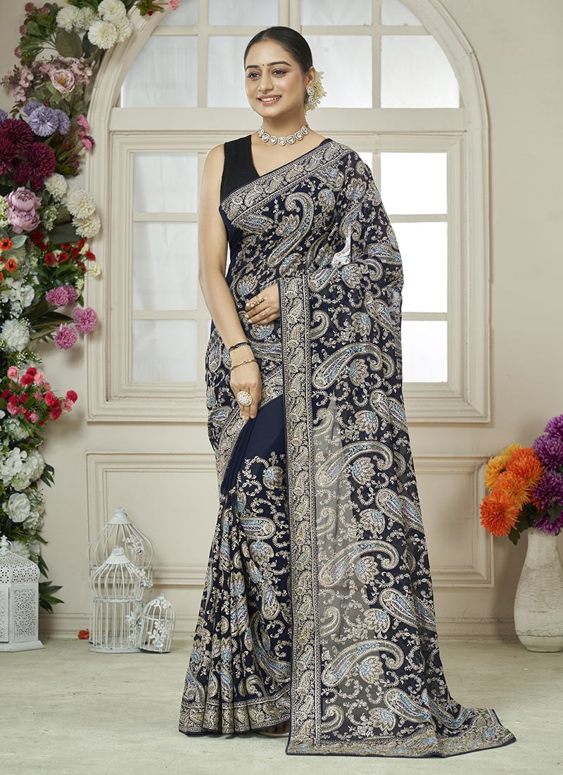 Royal Blue Georgette Zari Embroidered Stone Work Saree