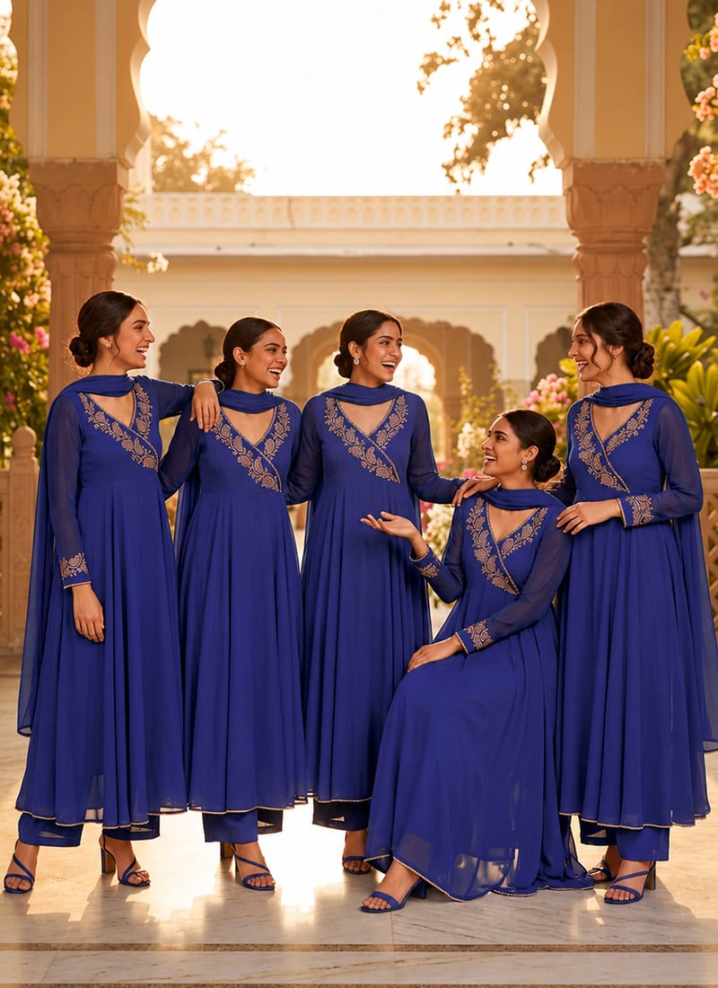 Royal Blue Georgette Zari Sequins Angarkha Style Anarkali Suit Festive Wear