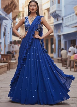 Royal Blue Georgette Zari Sequins Cutdana Hand Embroidered Umbrella Lehenga