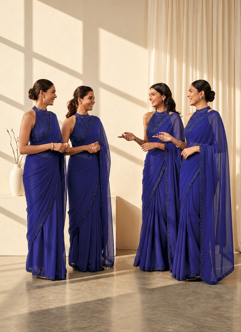 Royal Blue Georgette Zari Sequins Hand Embroidered Saree Festive Wear