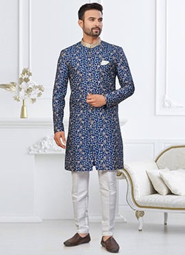 Royal Blue Kora Shine Silk Embroidered Sequins Indowestern Sherwani