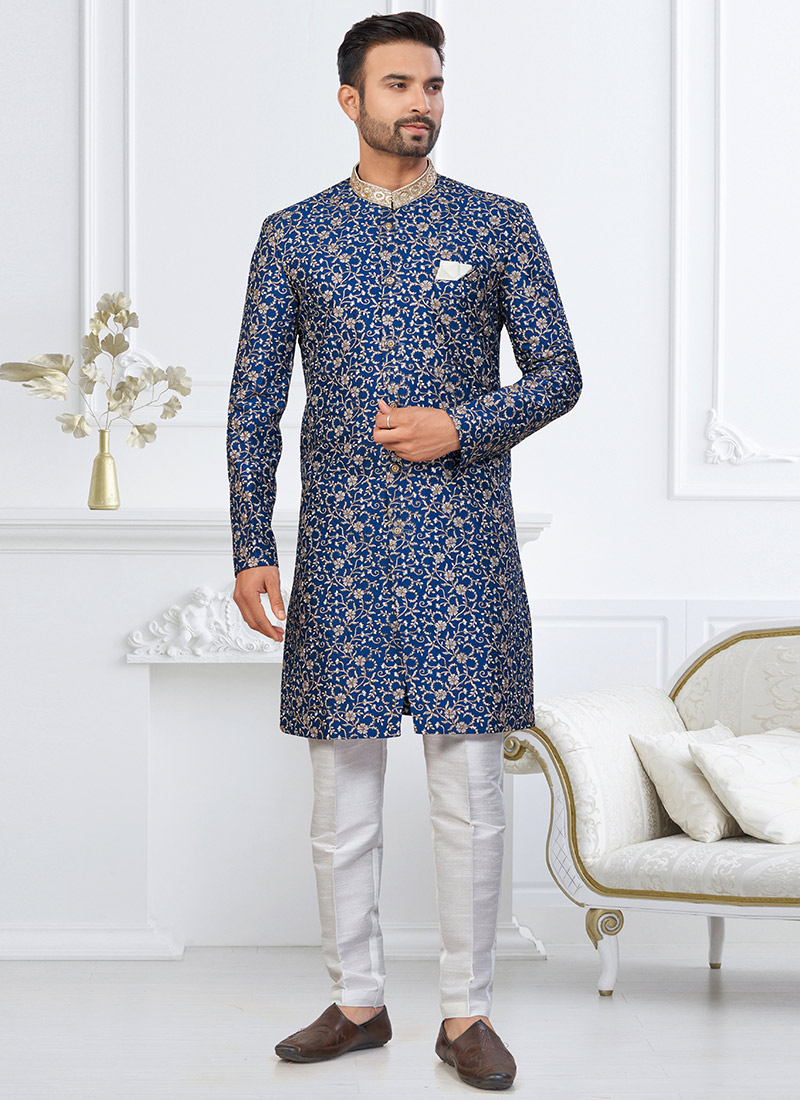 Royal Blue Kora Shine Silk Embroidered Sequins Indowestern Sherwani Wedding Wear