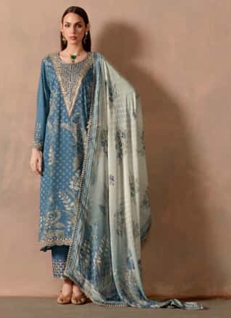 Royal Blue Muslin Digital Printed With Gota Work And Embroidered Straight Pant Suit  Festive Wear