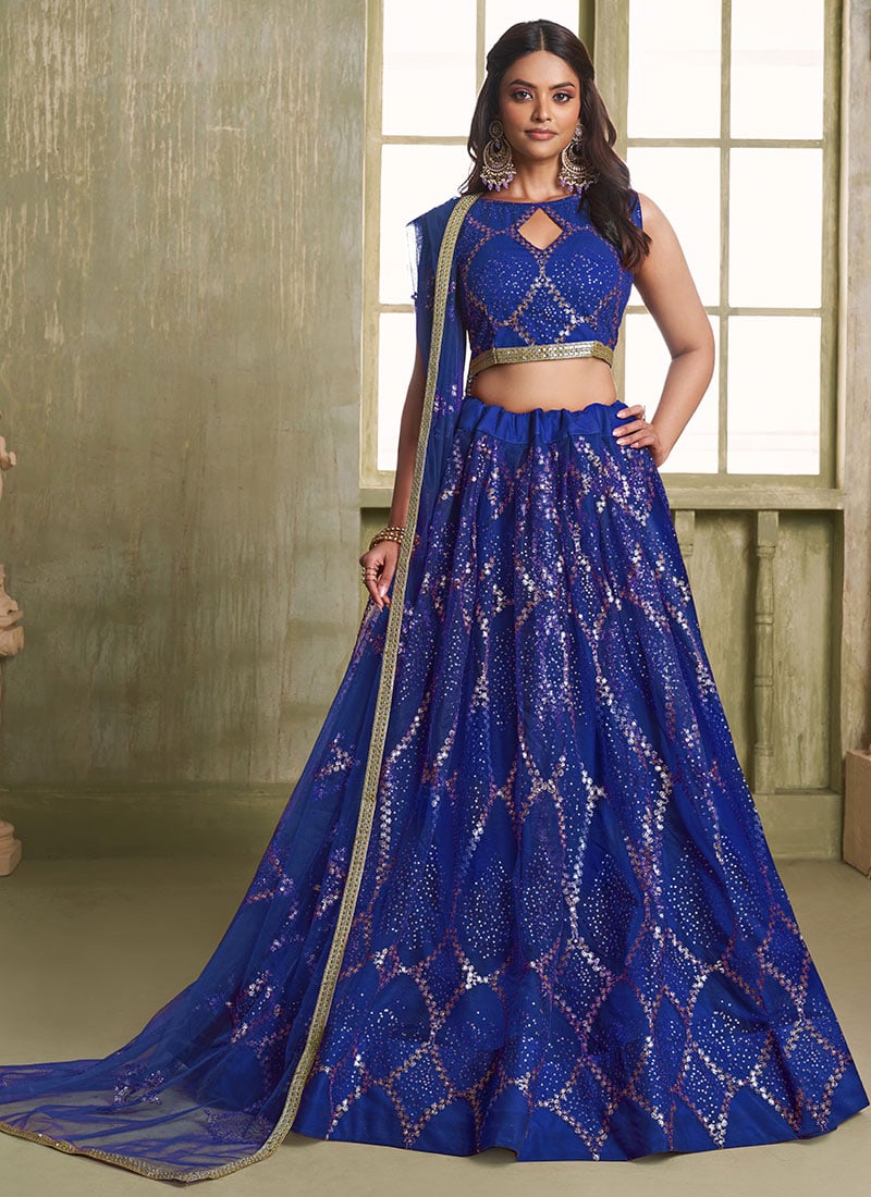 Royal Blue Net Embroidered Sequins Lehenga Wedding Wear