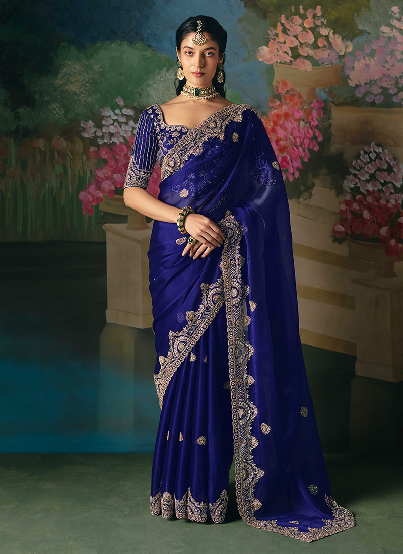 Royal Blue Organza Silk Embroidered Sequins With Beads And Stone Work Saree Wedding Wear