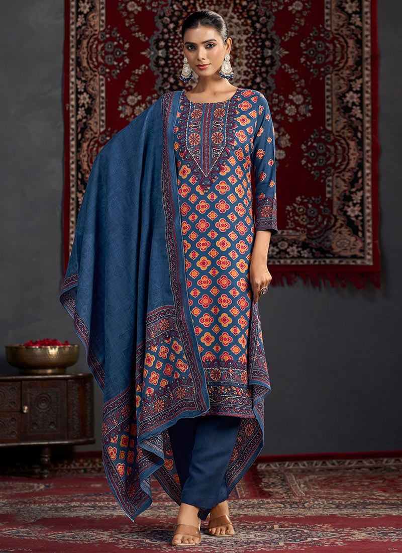 Royal Blue Pashmina Printed Sequins Straight Pant Suit