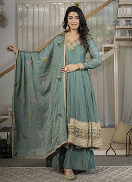 Royal Blue Rangoli Crush Silk Embroidered Sequins Anarkali Suit