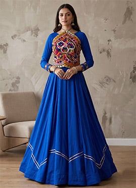 Royal Blue Rayon Cotton Embroidered Mirror Work Indo Western For Garba