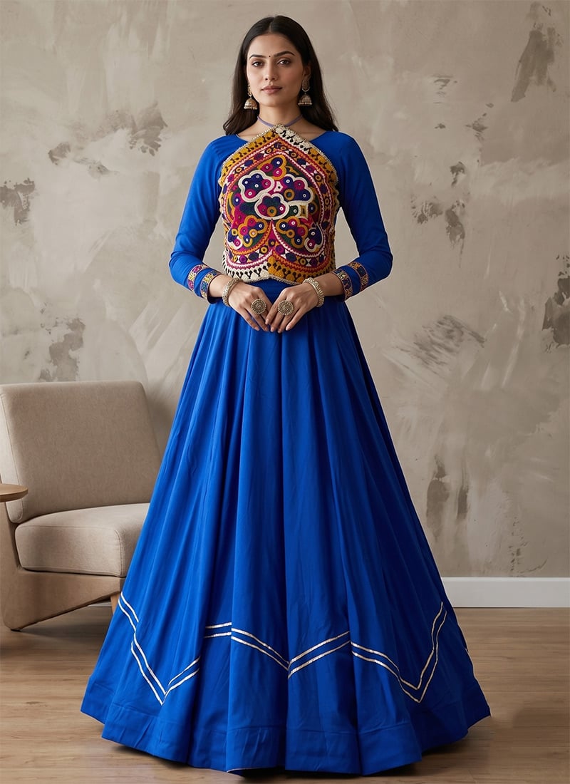 Royal Blue Rayon Cotton Embroidered Mirror Work Indo Western For Garba Festive Wear