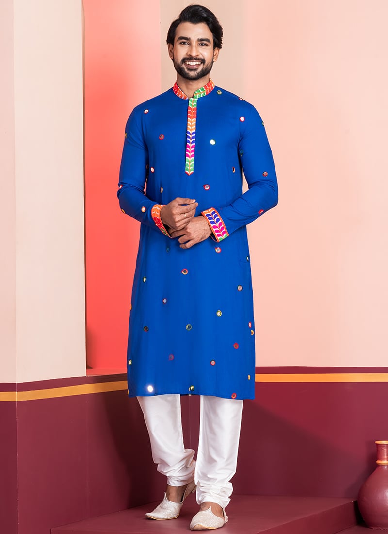 Royal Blue Rayon Kutch Work Kurta Pyjama Festive Wear