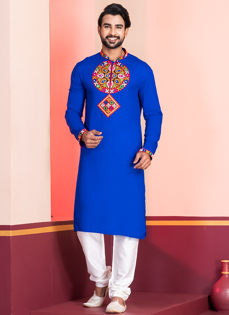 Royal Blue Rayon Kutch Work Kurta Pyjama Festive Wear