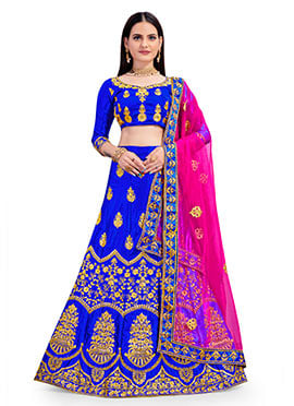 Royal Blue Satin Silk Embroidered Umbrella Lehenga