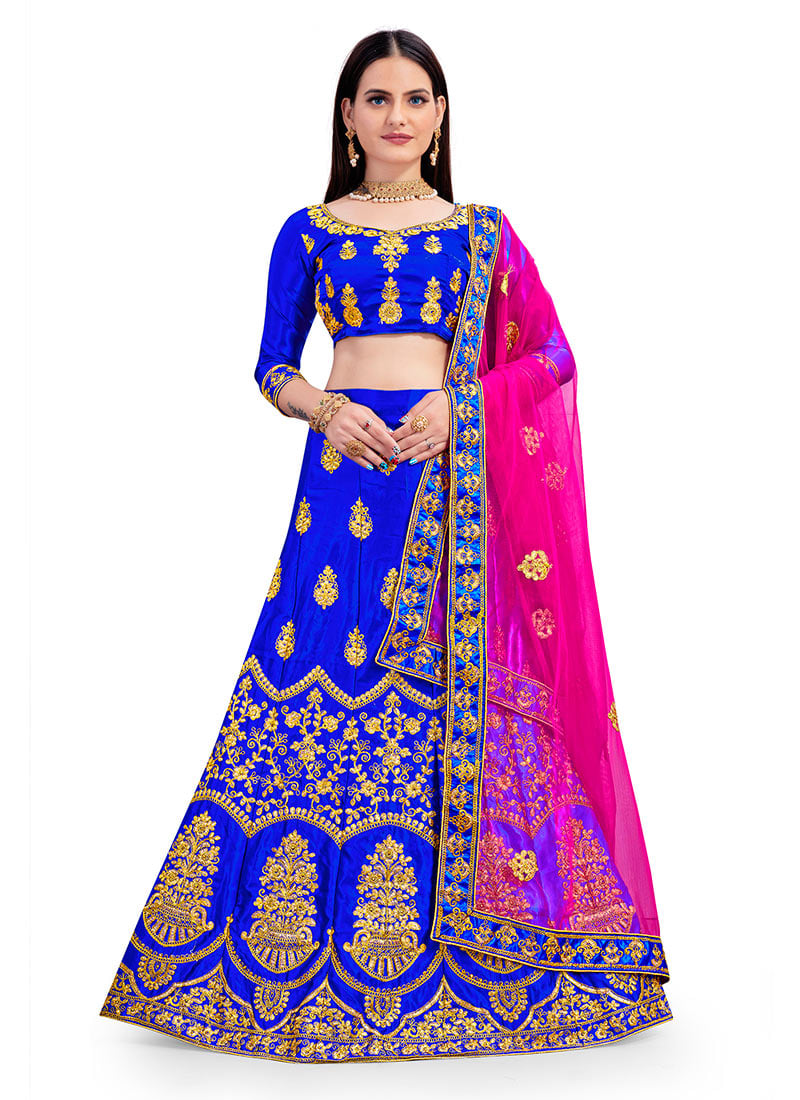 Royal Blue Satin Silk Embroidered Umbrella Lehenga Festive Wear