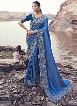 Royal Blue Satin Silk Sequins Embroidered Stones Jacquard Thread Saree