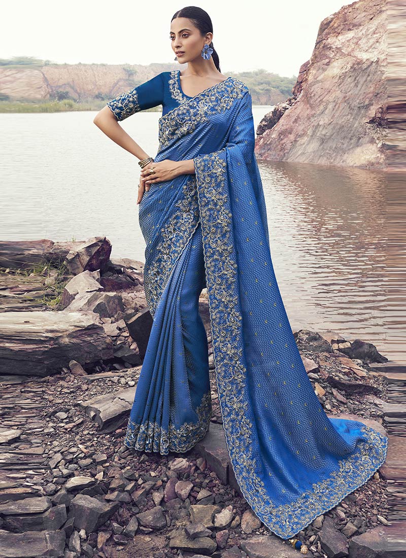 Royal Blue Satin Silk Sequins Embroidered Stones Jacquard Thread Saree Festive Wear