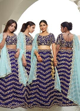 Royal Blue Satin Silk Zari Embroidered Sequins Lehenga