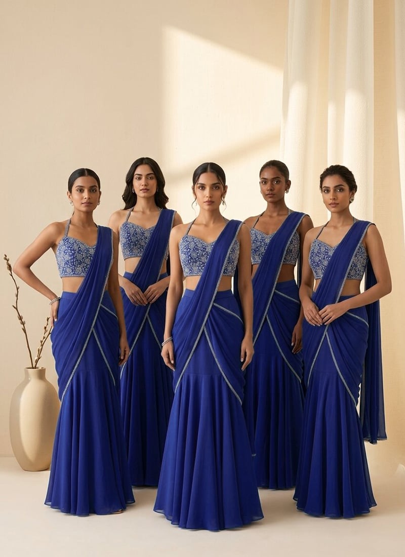 Royal Blue Silk Cutdana Beads Hand Embroidered Pre Draped Saree Festive Wear
