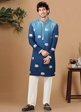 Royal Blue Silk Embroidered Kurta Pyjama