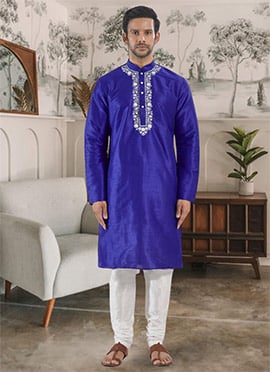 Royal Blue Silk Embroidered Kurta Pyjama