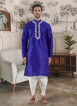 Royal Blue Silk Embroidered Kurta With Dhoti Style Pyjama