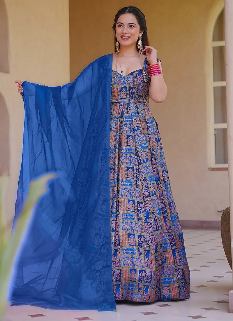 Royal Blue Silk Geometric Digital Print Anarkali Suit Festive Wear