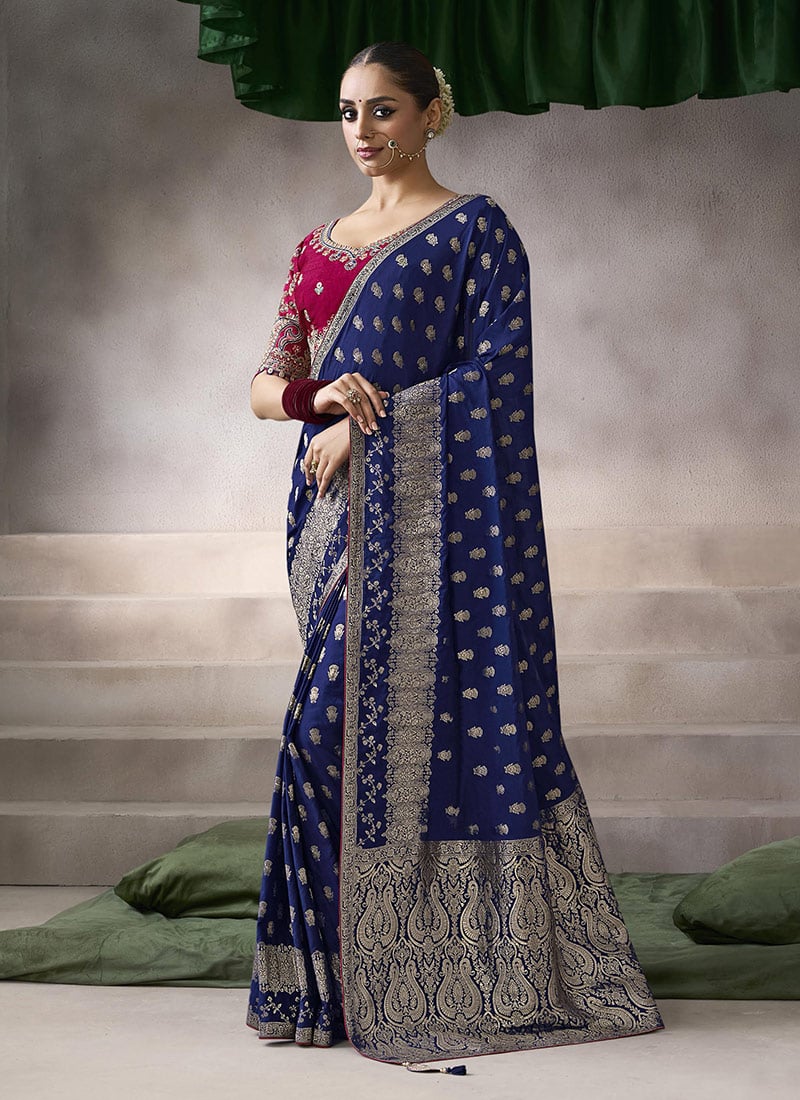 Royal Blue Silk Zari Embroidered Sequins Jacquard Saree Festive Wear