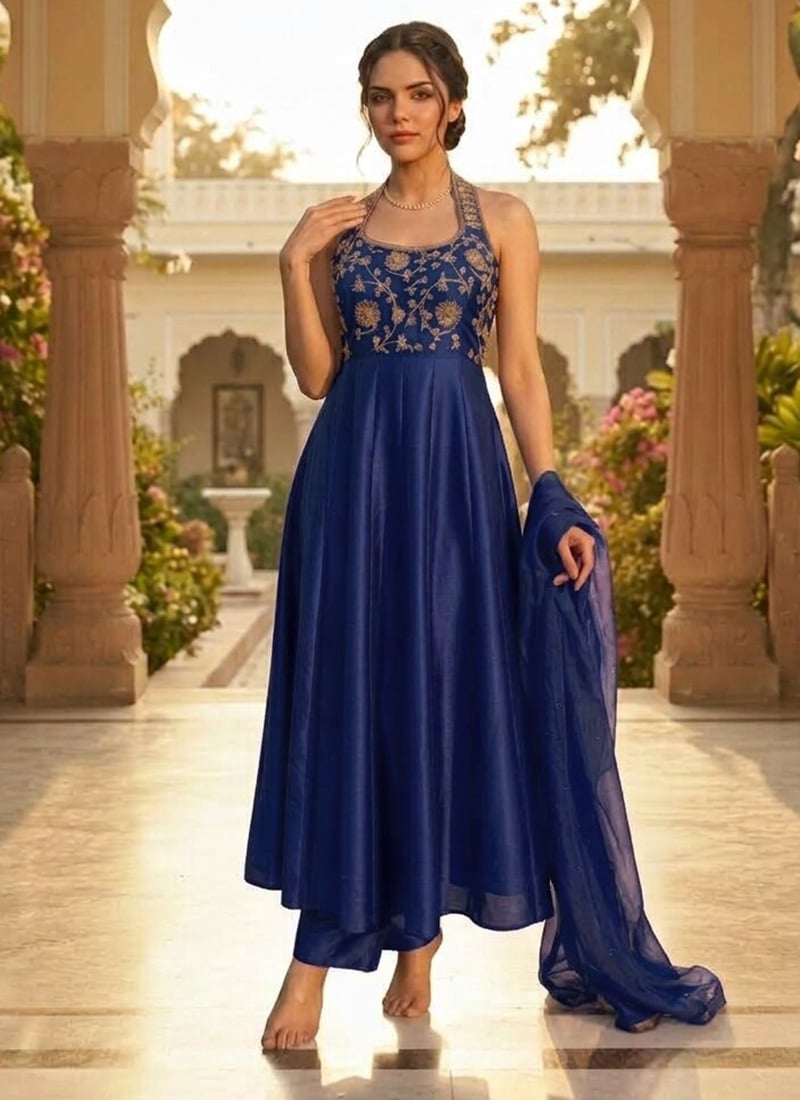 Royal Blue Silk Zari Sequins Halter Neck Anarkali Suit Festive Wear