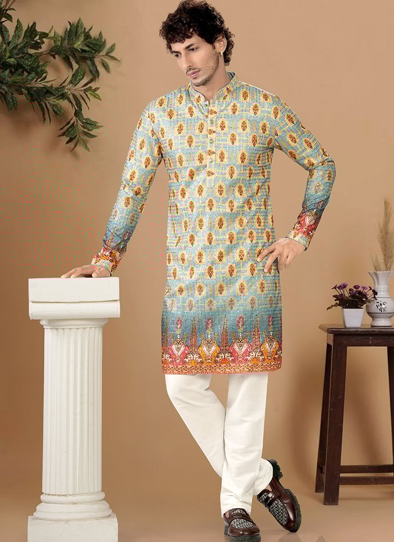 Royal Blue Soft Cotton Sequins Embroidered Printed Kurta Pyjama Festive Wear