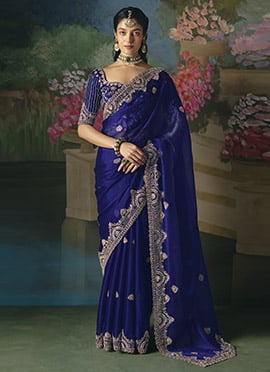 Royal Blue Tissue Organza Sequins Embroidered With Stone Work Saree