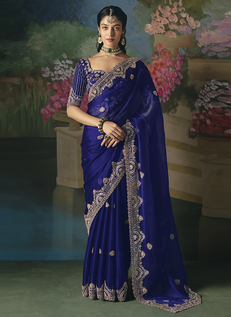 Royal Blue Tissue Organza Sequins Embroidered With Stone Work Saree Wedding Wear