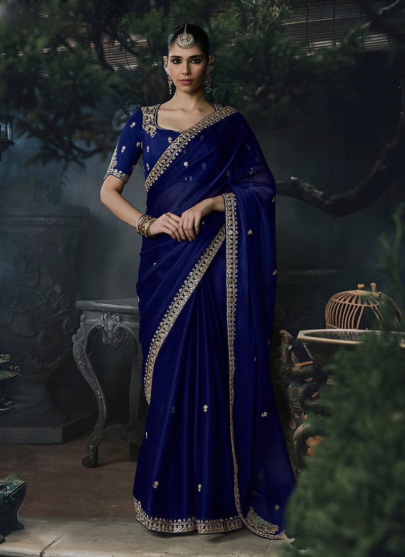 Royal Blue Tissue Silk Zari Embroidery Sequins Saree Wedding Wear