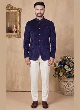 Royal Blue Velvet Self Design Jodhpuri Suit For Men