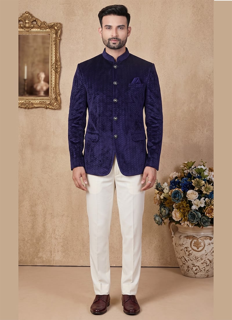 Royal Blue Velvet Self Design Jodhpuri Suit For Men After Six Wear