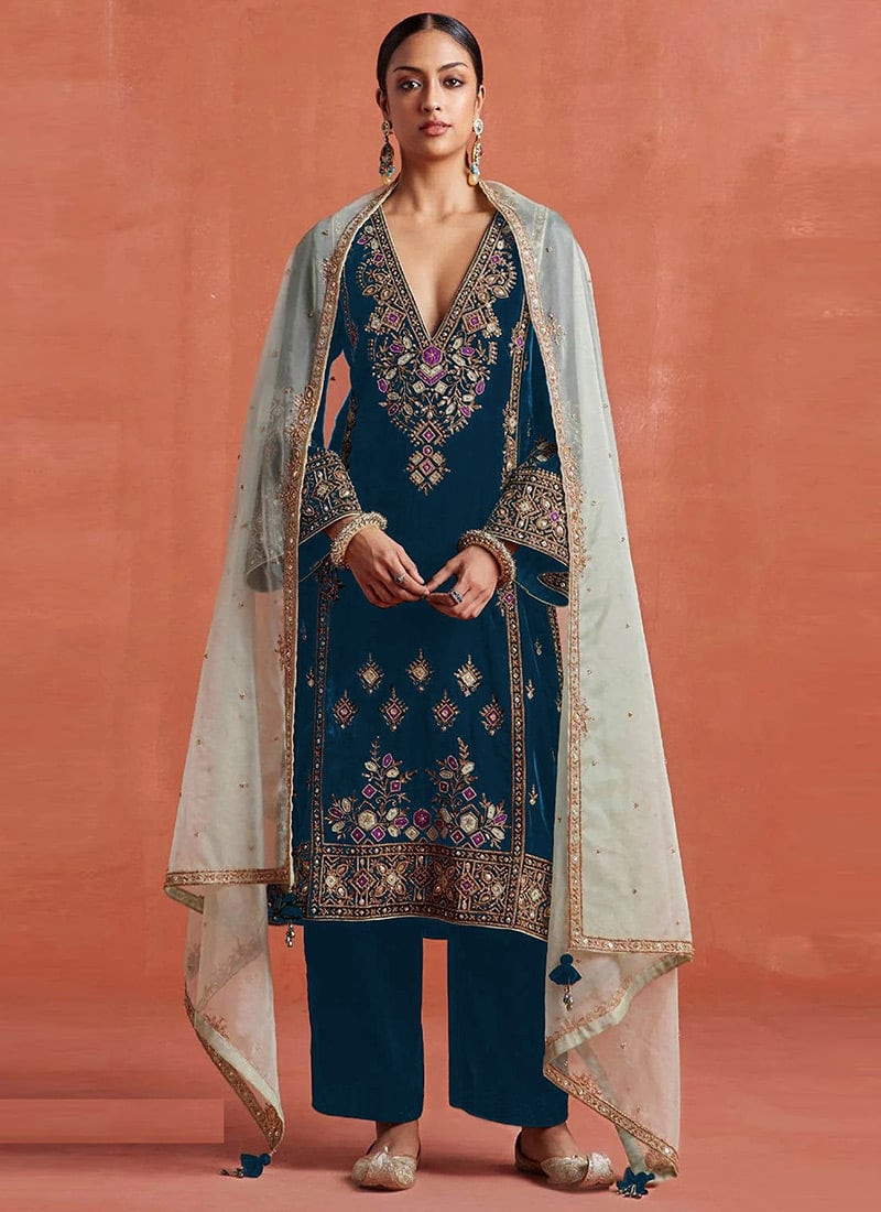 Royal Blue Velvet Zari And Embroidered Sequins Straight Pant Suit Festive Wear