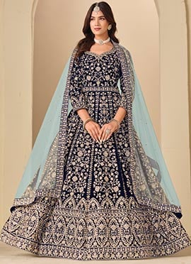 Royal Blue Velvet Zari Embroidered Sequins Anarkali Suit