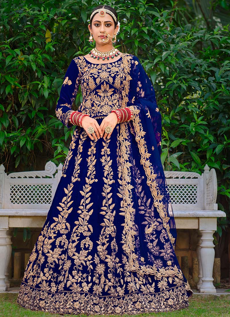 Royal Blue Velvet Zari Embroidered Umbrella Lehenga Choli Wedding Wear-GHSSMF3073B