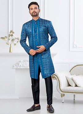 Royal Blue Zari Banarasi Jacquard Silk Embroidered Sequins Thread Indowestern Sherwani