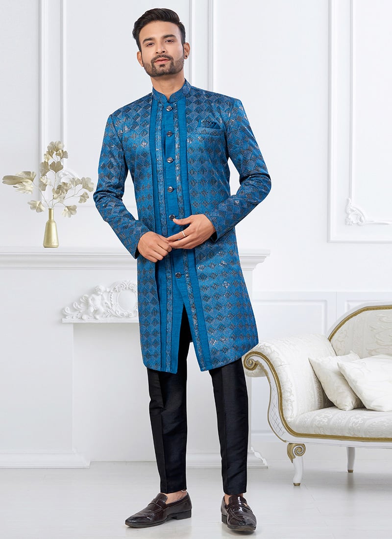 Royal Blue Zari Banarasi Jacquard Silk Embroidered Sequins Thread Indowestern Sherwani Festive Wear