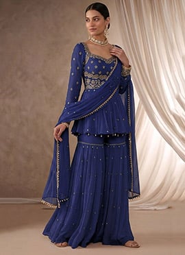 Royal Blue Zari Sequins Georgette Sharara Suit