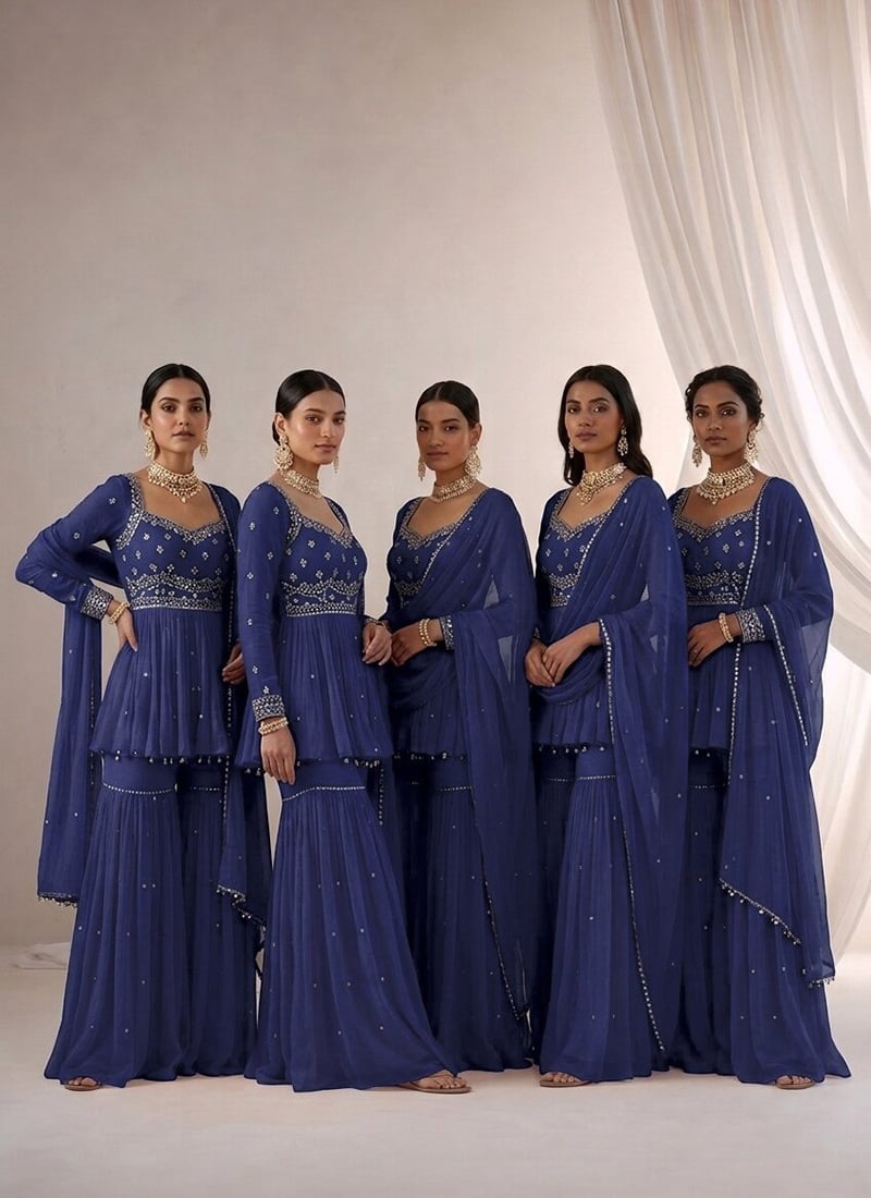 Royal Blue Zari Sequins Georgette Sharara Suit Wedding Wear