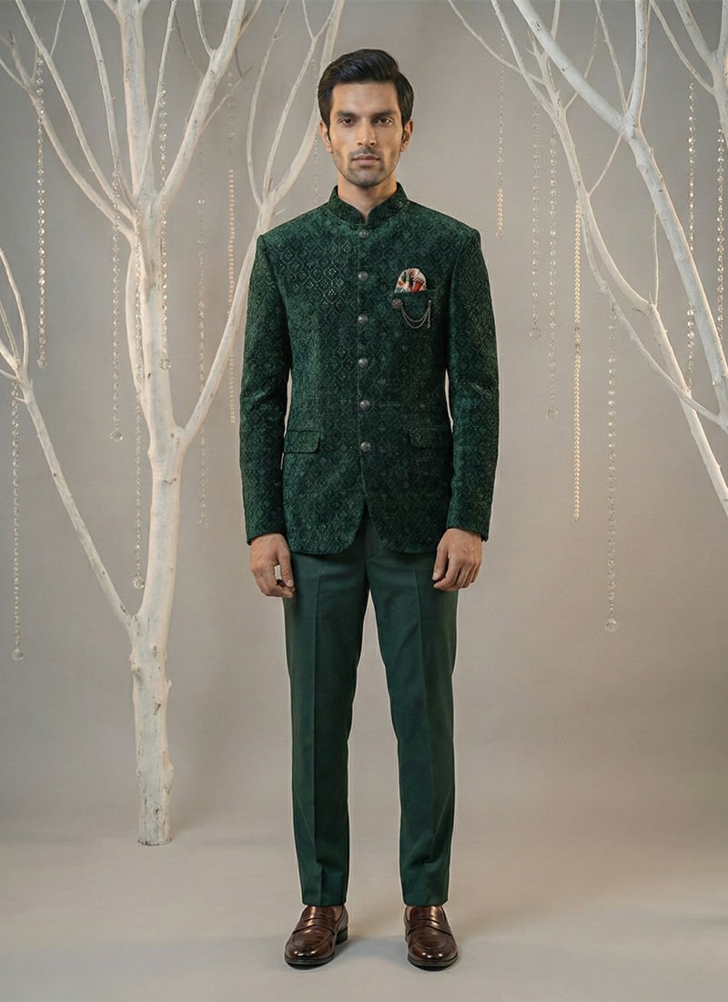 Royal Bottle Green Velvet Sequins Embroidered Thread Bandhgala Suit Wedding Wear