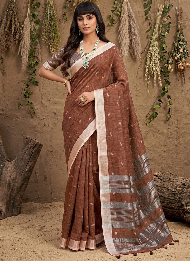 Royal Brown Linen Cotton Zari Woven Saree Festive Wear