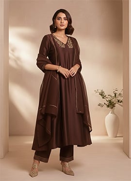 Royal Brown Silk Sequins Hand Embroidered Anarkali Suit